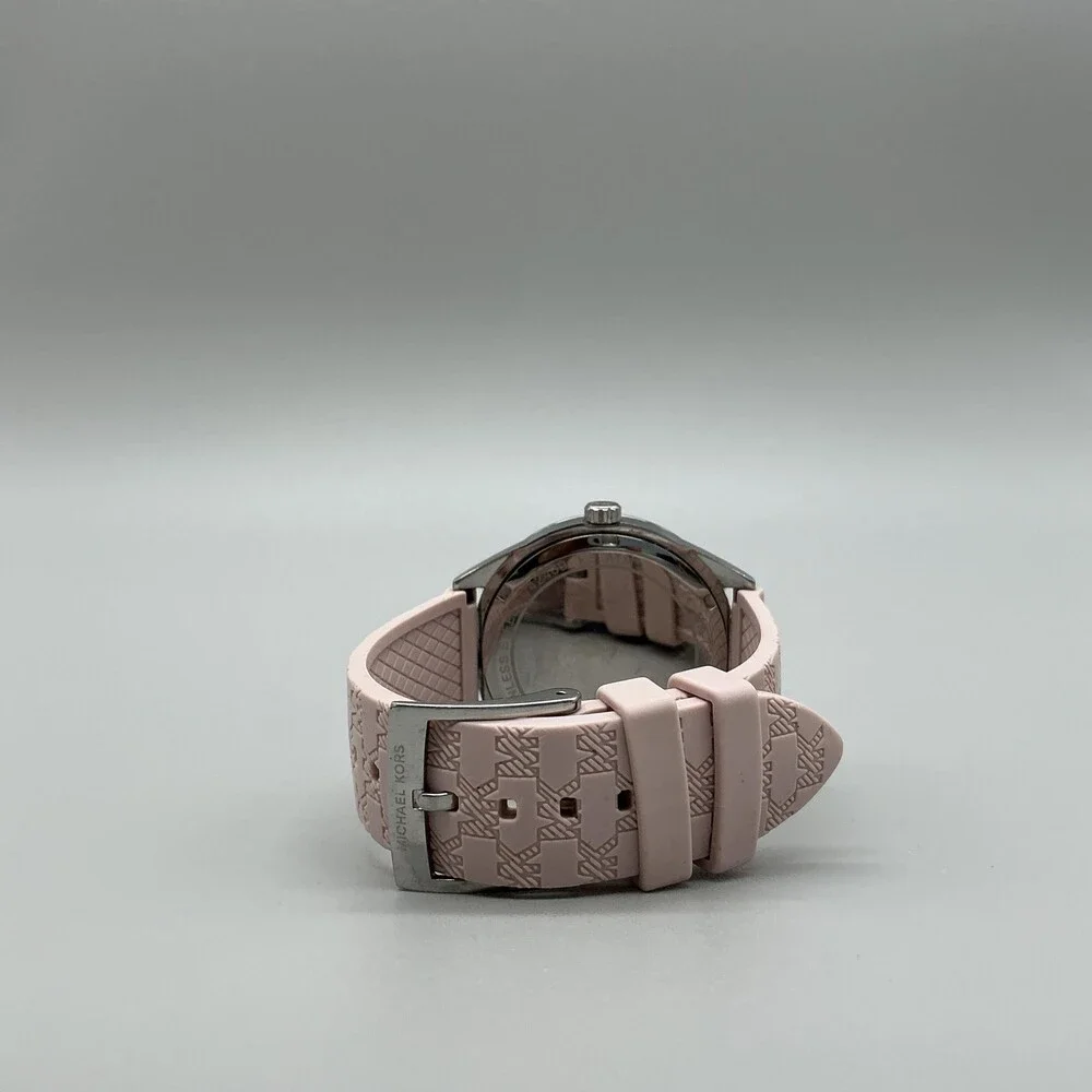 Michael Kors Womens Watch 40mm Silver Tone Pink Crystals Day Date Silicone Band
